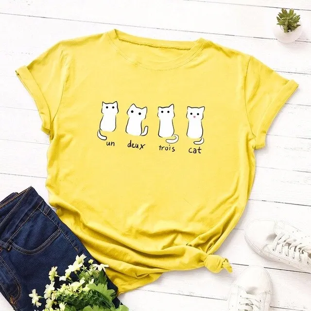 Summer Women T Shirt 5XL Plus Size Cotton Lovely Cats Print Short Sleeve Lady Tees Tops Casual Loose O-Neck Female Basic TShirt