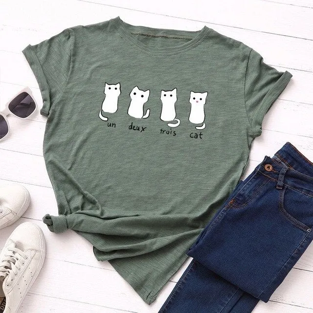 Summer Women T Shirt 5XL Plus Size Cotton Lovely Cats Print Short Sleeve Lady Tees Tops Casual Loose O-Neck Female Basic TShirt