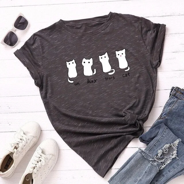 Summer Women T Shirt 5XL Plus Size Cotton Lovely Cats Print Short Sleeve Lady Tees Tops Casual Loose O-Neck Female Basic TShirt