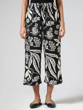 Utsa Black Floral Printed Wide-Leg Pants