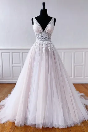 V Neck Champagne Lace Wedding Dresses, V Neck Champagne Lace Formal Prom Dresses