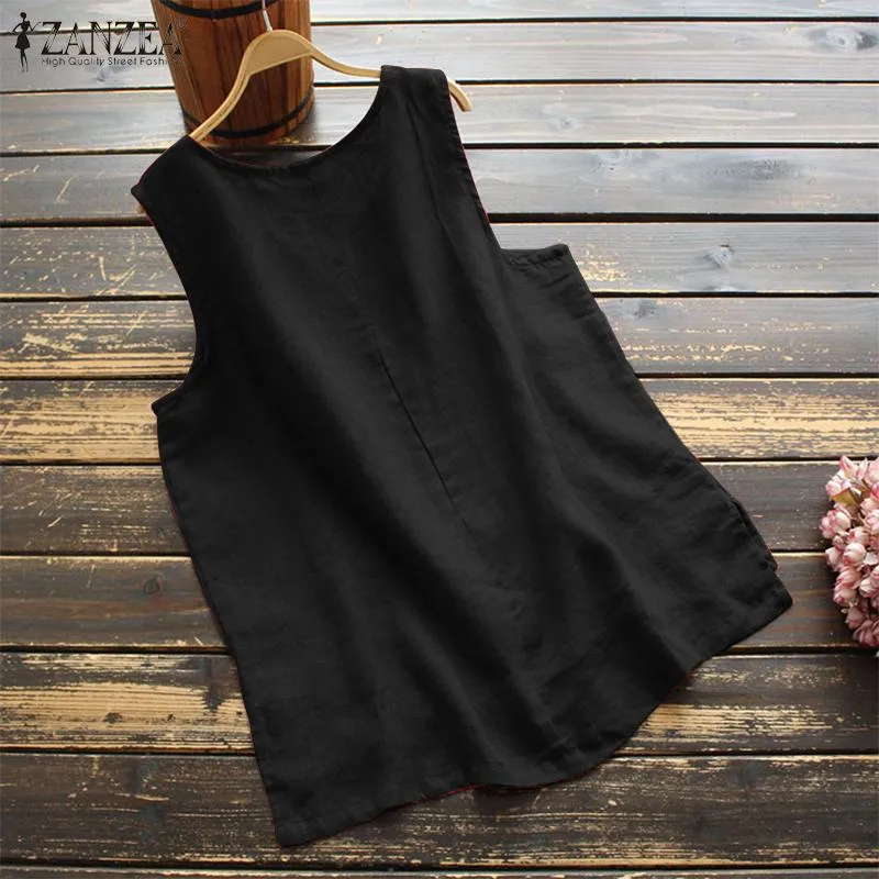 Vintage Cotton Blouse ZANZEA Summer Tanks Tops Women Sleeveless Solid Shirt Casual Loose Split Hem Blusas Tunic Mujer 3XL S3168904